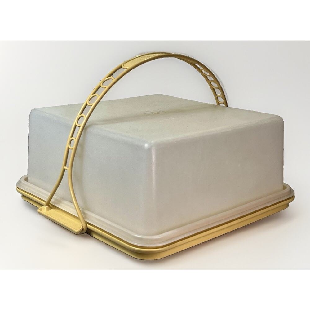 VTG Tupperware Harvest Gold 11” x 11” Cake Cupcake Taker Carrier w Handle - Picture 5 of 7